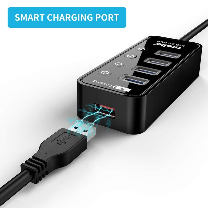 Atolla 4-Port USB 3.0 Hub with 4 Data Ports, 1 Smart Charging Port, Individual On/Off Switches and 5V/3A Adapter - Image 5