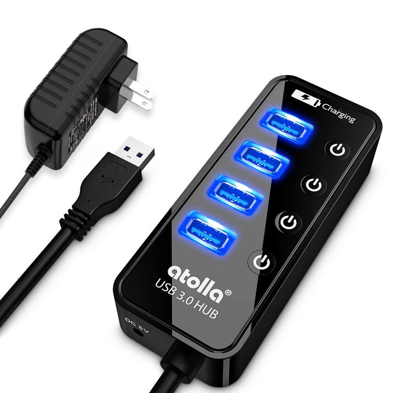 Atolla 4-Port USB 3.0 Hub with 4 Data Ports, 1 Smart Charging Port, Individual On/Off Switches and 5V/3A Adapter - Image 1