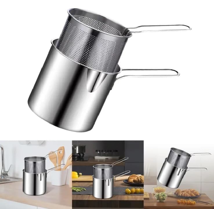 HR Happy HR Happy Stainless Steel Deep Frying Pot with Basket & Long Handle Deep Oil Fryer for French Fries, Chicken Wings, Fish & Shrimp Stainless Steel Fryer Pot with Long Handle Deep (Silver 1200 ml)  - Image 2