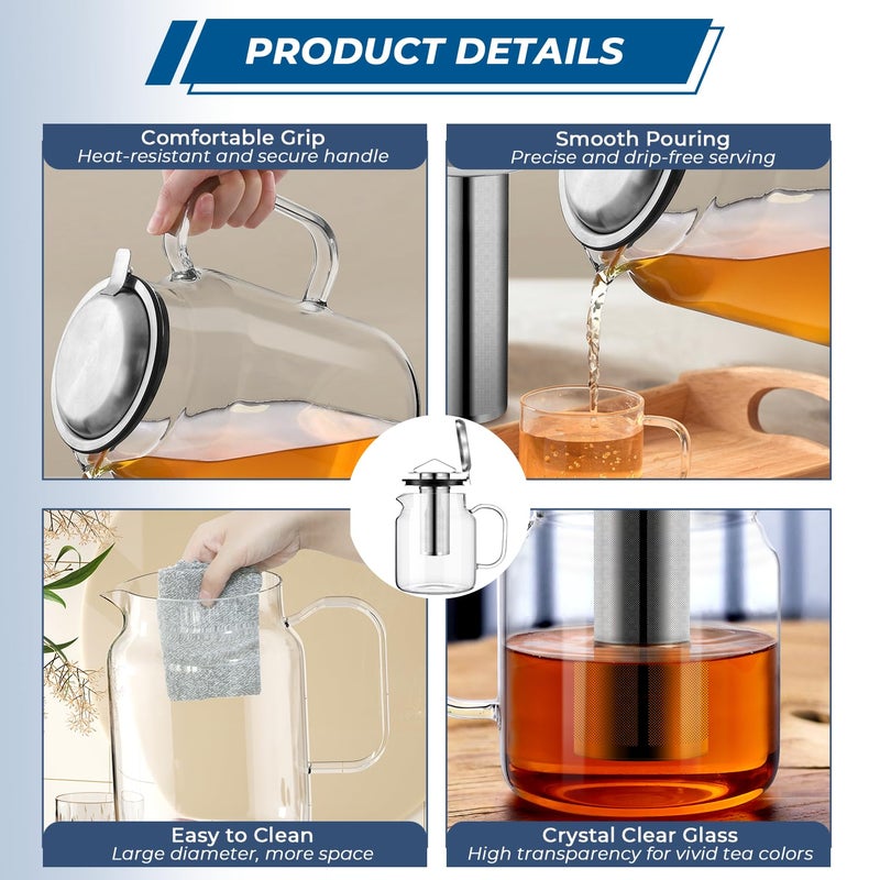Aquach 85oz Glass Teapot with Stainless Steel Removable Infuser, Stovetop & Dishwasher Safe, Ideal for Brewing Loose Leaf & Blooming Tea - Image 4