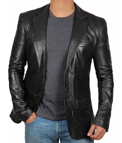 fjackets Lambskin Leather Jacket Men Casual Coat – Notched Collar Classic Style Ultimate black leather jacket men | [1500564], L - Image 1
