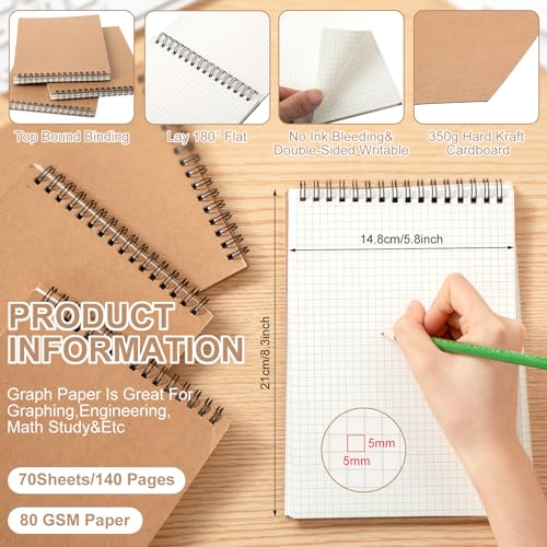Engrowtic 1 Pack Graph Paper Spiral Notepad A5 Top Wirebound Notepad Grid Notebook Steno Pads Memo Notebook Grid Paper 140 Pages for Writing Sketching Drawing Office Supplies Kraft - Image 3