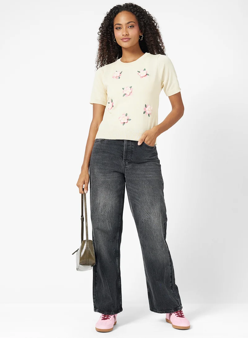 Ginger Floral Embroidered Short Sleeve Sweater