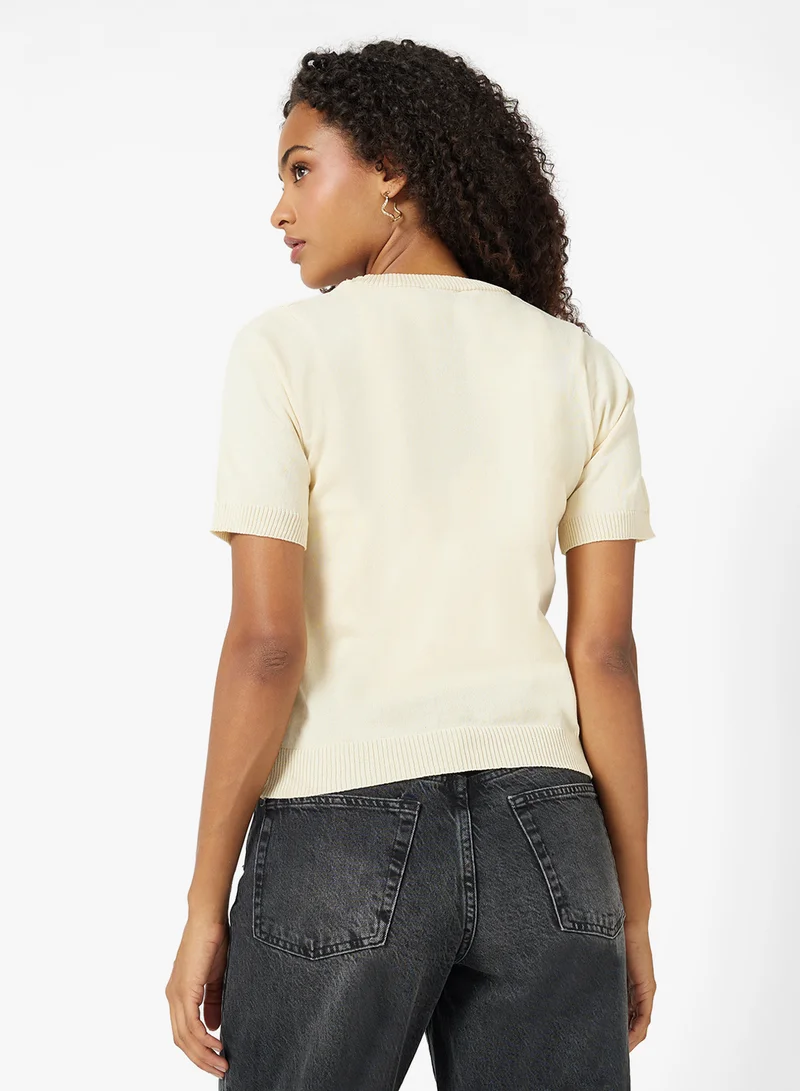 جينجر Floral Embroidered Short Sleeve Sweater