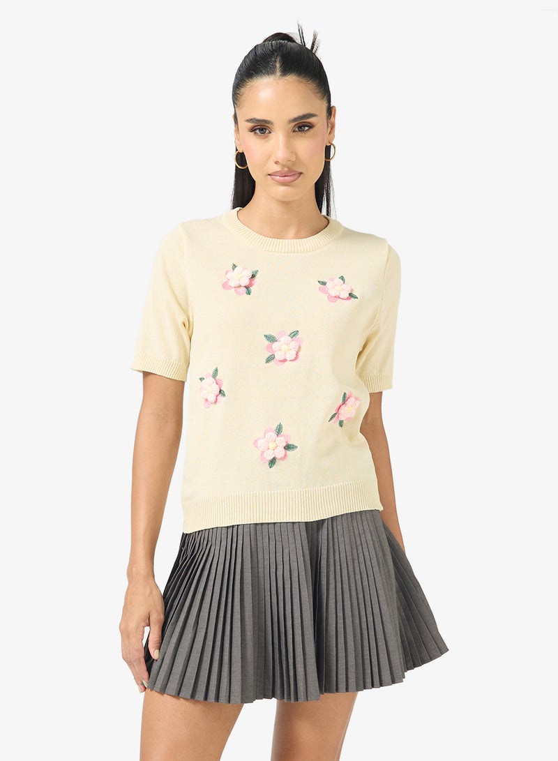 Ginger Floral Embroidered Short Sleeve Sweater - Image 1