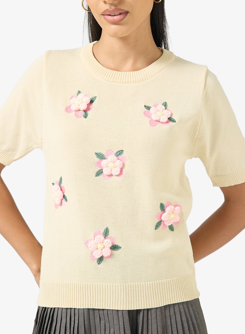 Ginger Floral Embroidered Short Sleeve Sweater - Image 3