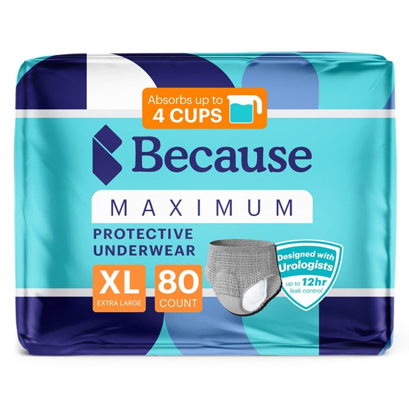 Because Maximum Incontinence Underwear for Men Heavy Bladder Leak Protection Ideal for Overnight Leakage Sleek Invisible Fit Grey XLarge Absorbs 4 Cups 80 Count 4 Packs of 20 - Image 3