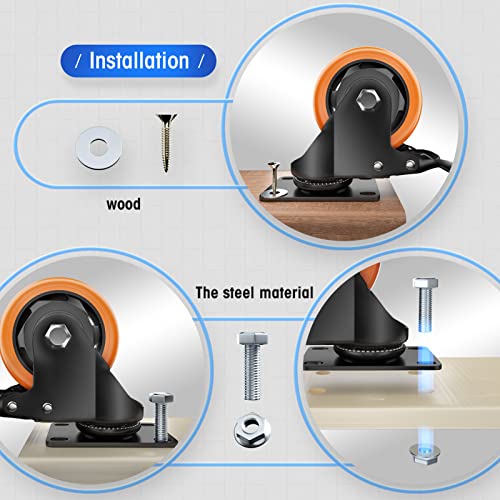 ASHGOOB 3" Caster Wheels Set of 4, Heavy Duty Casters with Brake, No Noise Locking Casters with Orange Polyurethane (PU) Wheels, Swivel Plate Castors Pack of 4 - Image 3