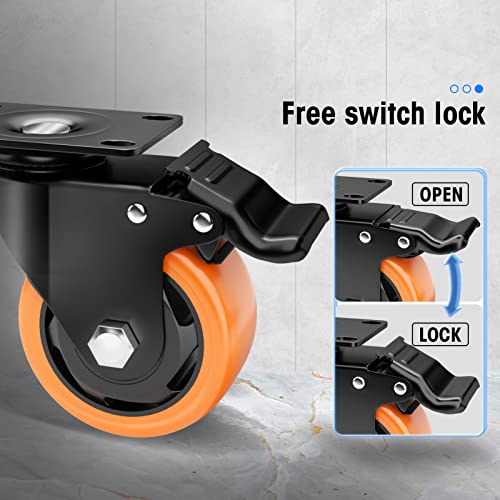 ASHGOOB 3" Caster Wheels Set of 4, Heavy Duty Casters with Brake, No Noise Locking Casters with Orange Polyurethane (PU) Wheels, Swivel Plate Castors Pack of 4 - Image 4