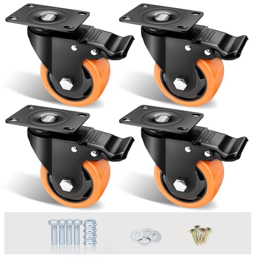ASHGOOB 3" Caster Wheels Set of 4, Heavy Duty Casters with Brake, No Noise Locking Casters with Orange Polyurethane (PU) Wheels, Swivel Plate Castors Pack of 4 - Image 1