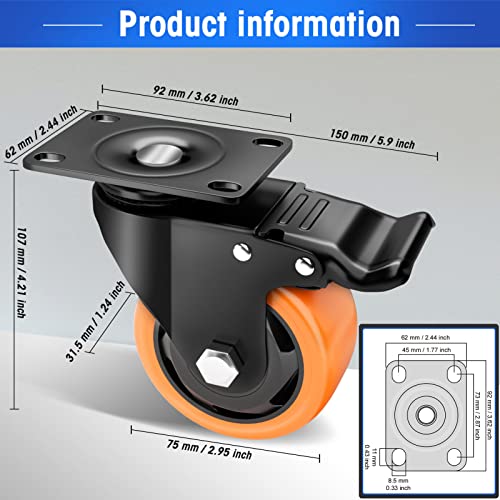 ASHGOOB 3" Caster Wheels Set of 4, Heavy Duty Casters with Brake, No Noise Locking Casters with Orange Polyurethane (PU) Wheels, Swivel Plate Castors Pack of 4 - Image 2
