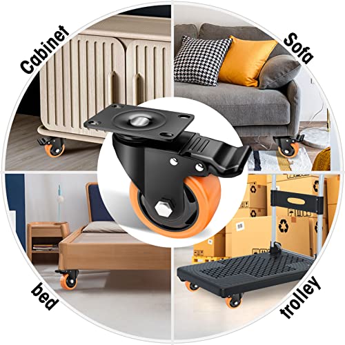 ASHGOOB 3" Caster Wheels Set of 4, Heavy Duty Casters with Brake, No Noise Locking Casters with Orange Polyurethane (PU) Wheels, Swivel Plate Castors Pack of 4 - Image 5