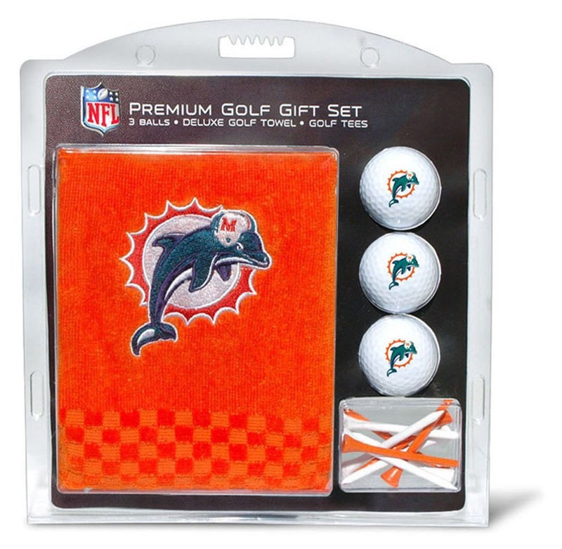 Team Golf NFL Miami Dolphins Gift Set Embroidered Golf Towel 3 Golf Balls and 14 Golf Tees 234 Regulation TriFold Towel 16 x 22 100 Cotton