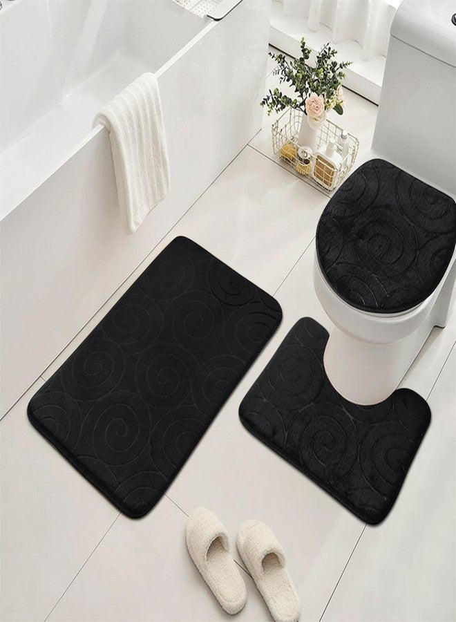 lfcforldx Bathroom Rug Sets 3 Piece, Memory Foam Non Slip Bathroom Rug, Toilet Rugs U Shaped Washable, Soft Absorbent Bath Mats for Bedroom, Kitchen, Black - Image 1