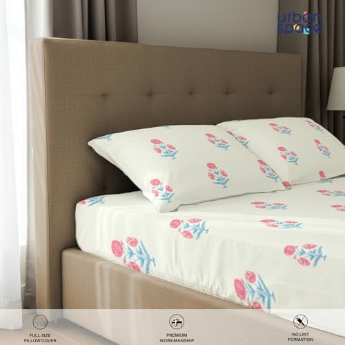 Urban Space Serene 200 TC 100% Cotton Elastic Fitted Bedsheets King Size with 2 Pillow Covers, King Size bedsheet (Sunflower - Pomegranate Pink, Size 72 x 78 inches) - Image 4