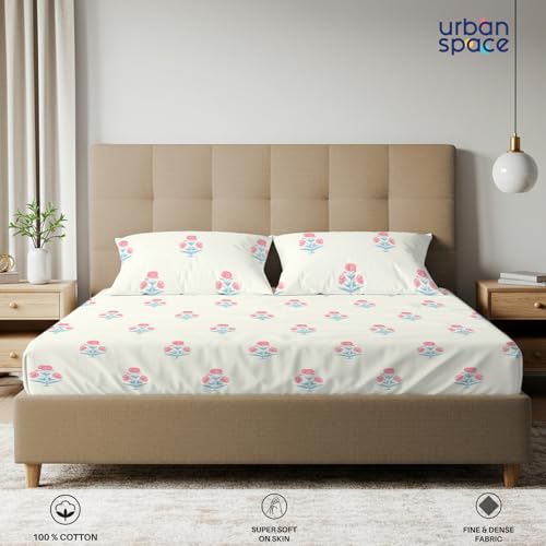 Urban Space Serene 200 TC 100% Cotton Elastic Fitted Bedsheets King Size with 2 Pillow Covers, King Size bedsheet (Sunflower - Pomegranate Pink, Size 72 x 78 inches) - Image 2