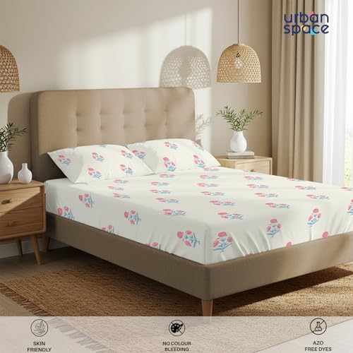 Urban Space Serene 200 TC 100% Cotton Elastic Fitted Bedsheets King Size with 2 Pillow Covers, King Size bedsheet (Sunflower - Pomegranate Pink, Size 72 x 78 inches) - Image 3
