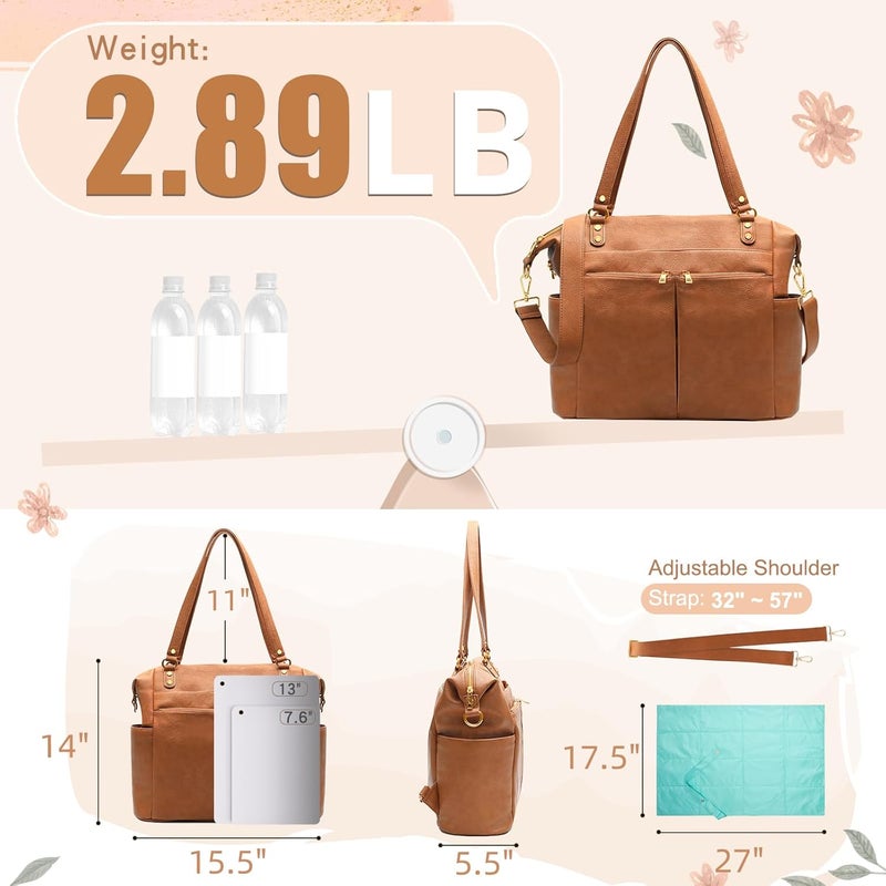 MOMINSIDE حقيبة حفاضات توت، حقيبة ظهر جلدية 4 في 1 مع 13 جيب، حقيبة أطفال قابلة للتحويل للأولاد والبنات، حقائب حفاضات سجل الأطفال، وسادة تغيير، 4 جيوب عازلة كبيرة (بني) - Image 5