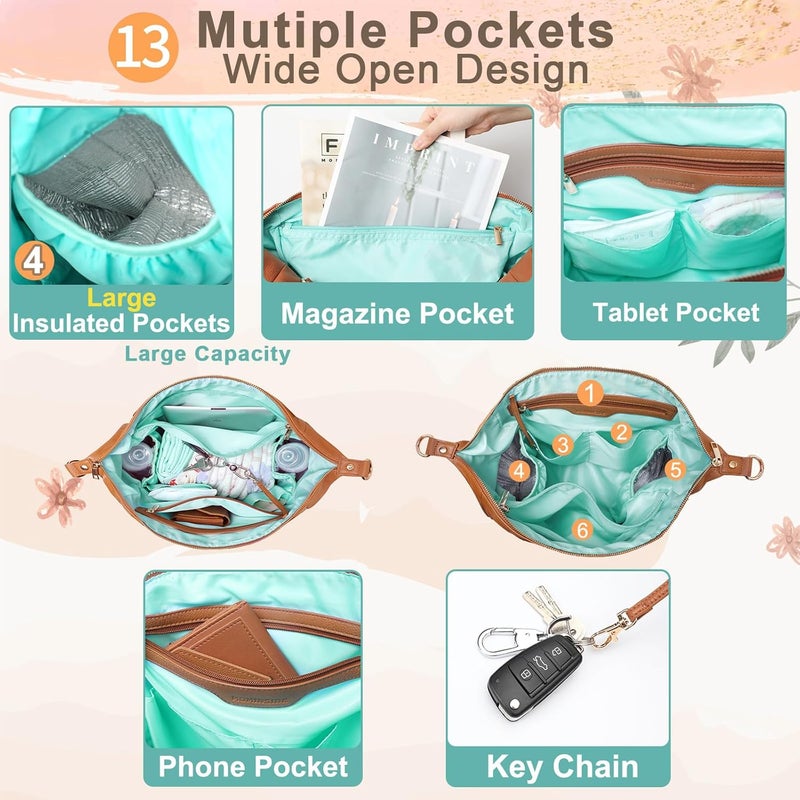 MOMINSIDE حقيبة حفاضات توت، حقيبة ظهر جلدية 4 في 1 مع 13 جيب، حقيبة أطفال قابلة للتحويل للأولاد والبنات، حقائب حفاضات سجل الأطفال، وسادة تغيير، 4 جيوب عازلة كبيرة (بني) - Image 3