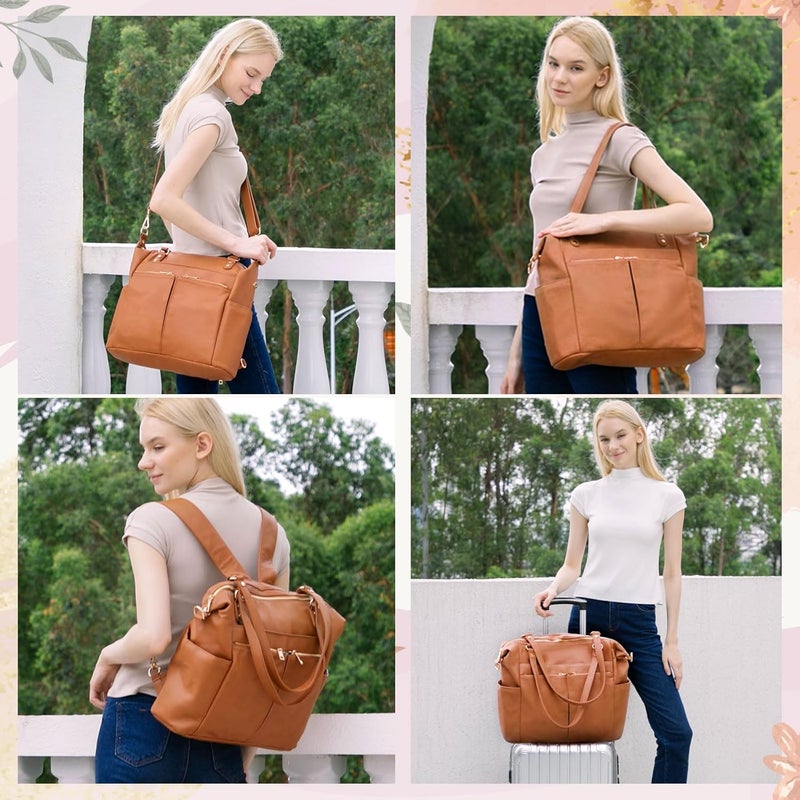 MOMINSIDE حقيبة حفاضات توت، حقيبة ظهر جلدية 4 في 1 مع 13 جيب، حقيبة أطفال قابلة للتحويل للأولاد والبنات، حقائب حفاضات سجل الأطفال، وسادة تغيير، 4 جيوب عازلة كبيرة (بني) - Image 2