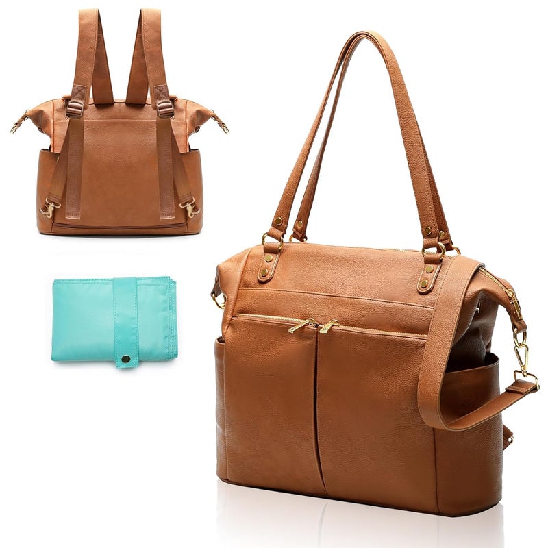 MOMINSIDE حقيبة حفاضات توت، حقيبة ظهر جلدية 4 في 1 مع 13 جيب، حقيبة أطفال قابلة للتحويل للأولاد والبنات، حقائب حفاضات سجل الأطفال، وسادة تغيير، 4 جيوب عازلة كبيرة (بني) - Image 1