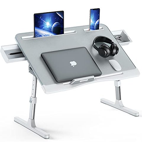 Laptop Bed Tray Desk Foldable and Adjustable Lap Table with Heights and Angles UpgradedSturdy Laptop Lap Desk for BedSofaCouchFloor 2 Drawers XLarge Grey