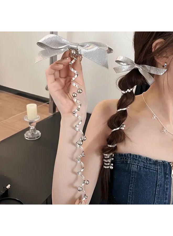 ربطات شعر سلكية فضية من الخرز مع قوس، 2 قطعة في المجموعة، إكسسوارات شعر من حبل الساتين المنسوج - Image 2