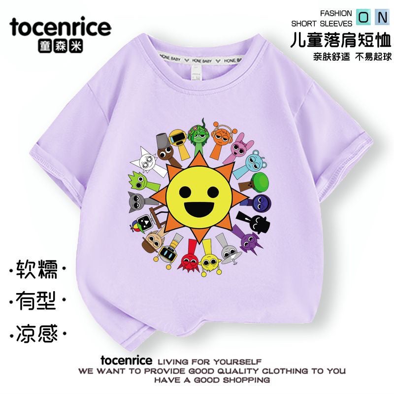 Rhythm Box Sprunki Music Short-Sleeved Children'S Casual T-Shirt Summer Pure Cotton Big Boys And Girls Children'S Wear Top - Image 2