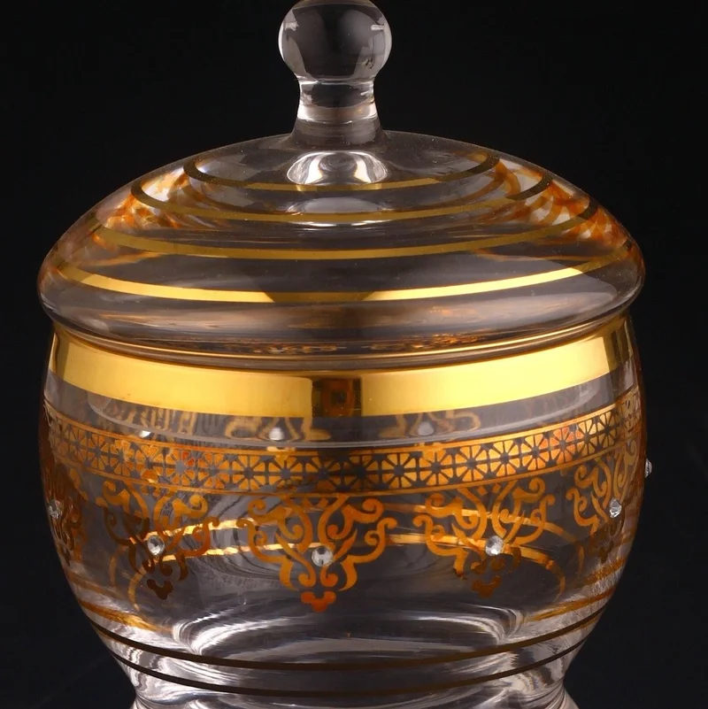 İhvan Online Lidded Glass Sugar Bowl, Turkish Delight Bowl, Date Bowl - Ottoman Gold