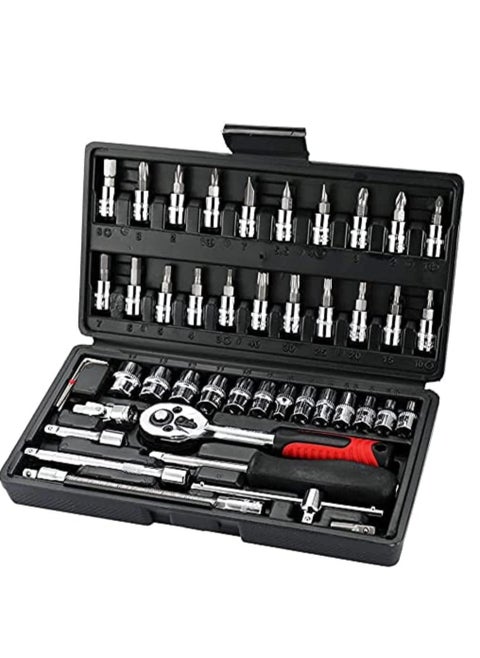 46Pcs Socket Ratchet Torque Wrench Extension Bar Drill Bits Automobiles Repair Tools Kit Multifunction Repair Hand Tool Kit