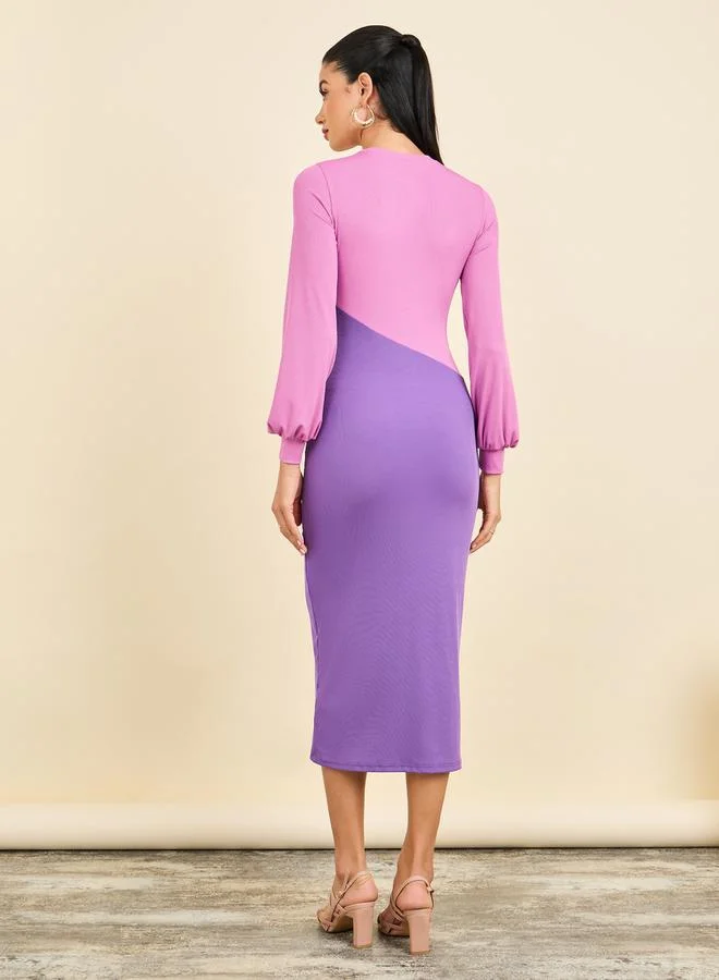 Styli Colorblock Long Sleeves Bodycon Midi Dress