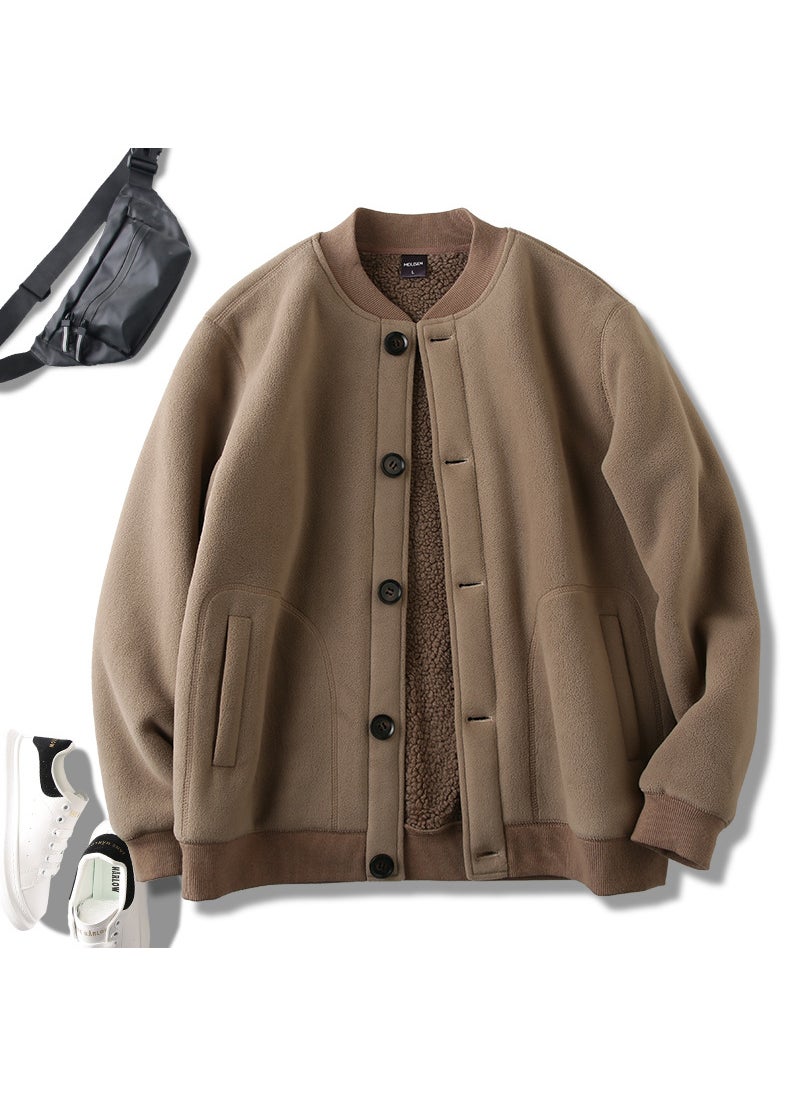 Generic - Shengban Rong Wool Cardigan Jacket For Men Double Layer Loose Fit Summer Thin Style Warm Comfortable Cotton And Wool Blend Khaki 2351 - Image 1
