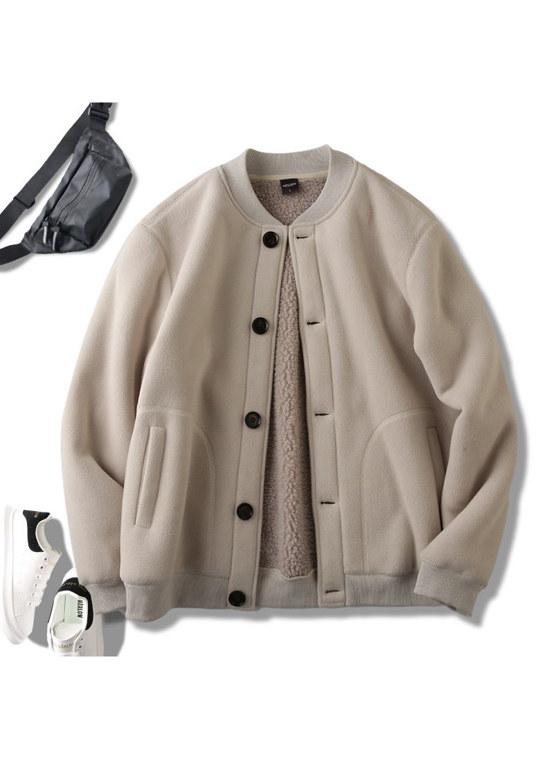 Generic - Shengban Rong Wool Cardigan Jacket For Men Double Layer Loose Fit Summer Thin Style Warm Comfortable Cotton And Wool Blend Khaki 2351 - Image 1