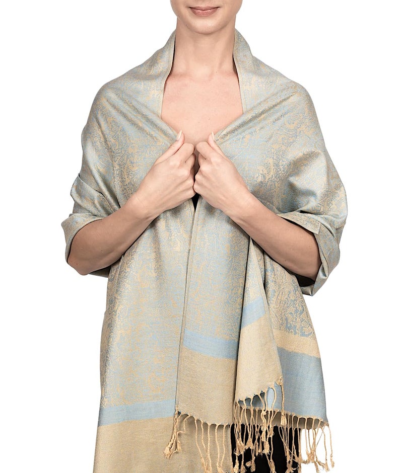 Achillea Women's Two Tone Vintage Jacquard Paisley Pashmina Shawl Wrap Scarf (Light Blue Tan) - Image 1