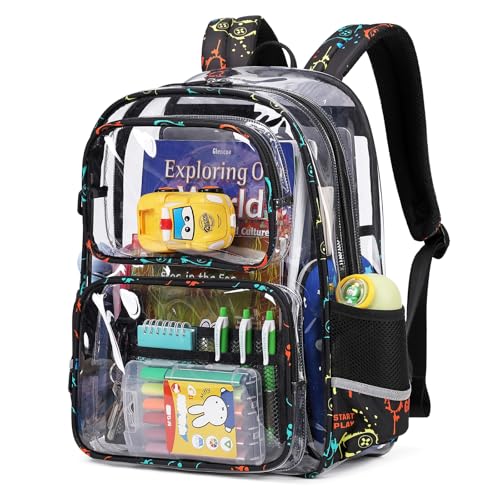 Sisipoet Clear Backpack for School Heavy Duty PVC Transparent Bookbag Funny Kids Backpacks with Game Print Black - Image 1