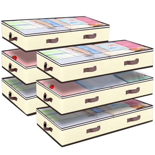 Budding Joy 6 Pack 90L Under bed Storage Containers Organizer Large Capacity Underbed Clothes Storage Bins Organization and Storage Bedroom Foldable Storage Bags with Clear Window Beige - Image 1