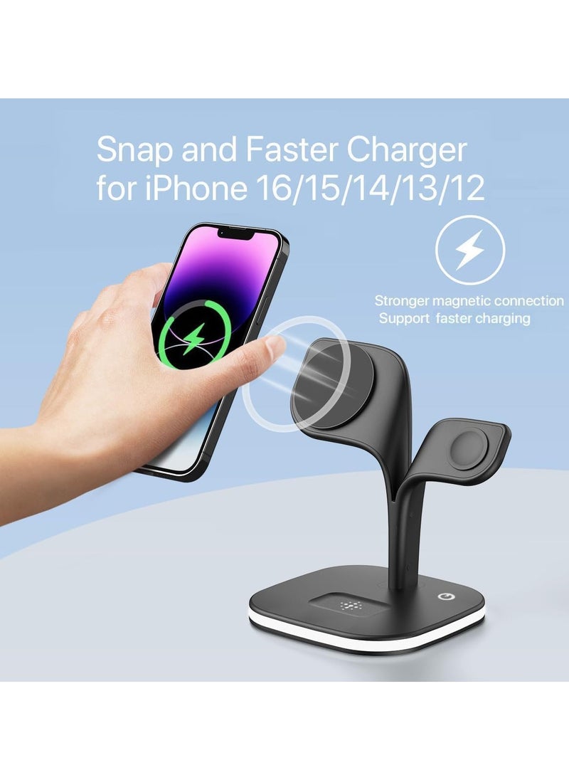 2025 3 in 1 Wireless Charging Station, Foldable Wireless Charger for Multiple Devices iPhone 16/15/14/13/12 Pro Max Plus Watch 1-9 AirPods Pro Samsung Galaxy (Black)