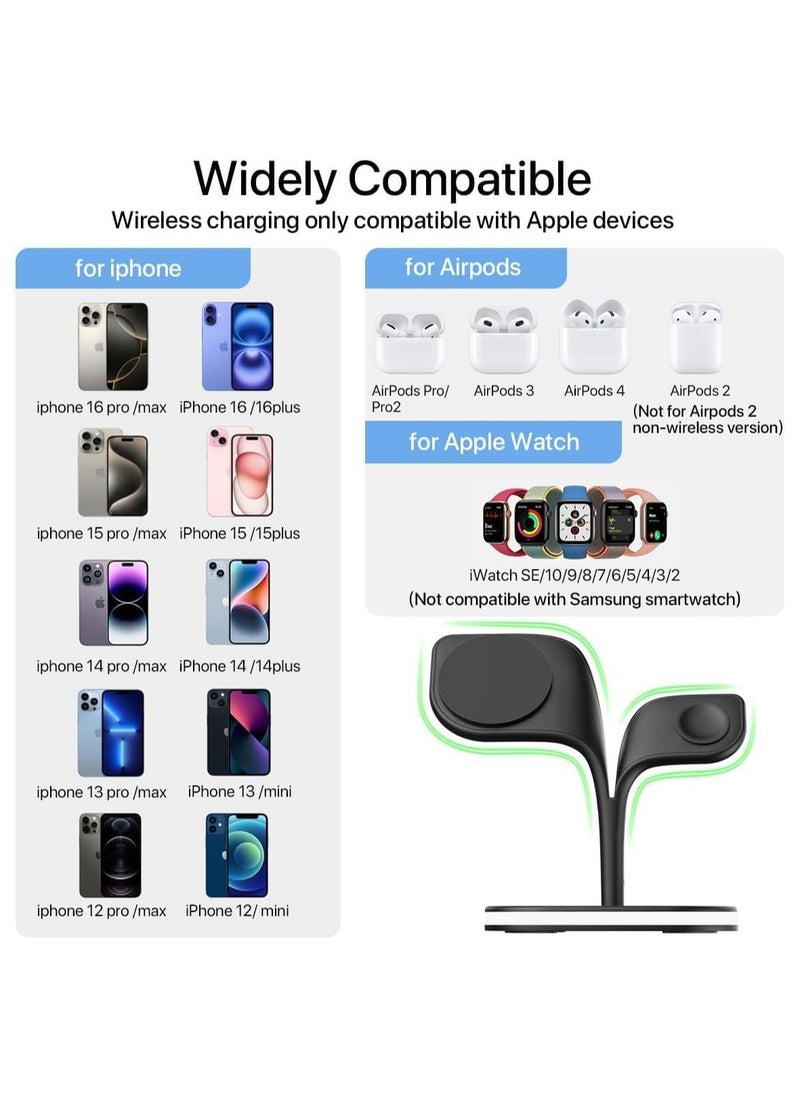 2025 3 in 1 Wireless Charging Station, Foldable Wireless Charger for Multiple Devices iPhone 16/15/14/13/12 Pro Max Plus Watch 1-9 AirPods Pro Samsung Galaxy (Black)