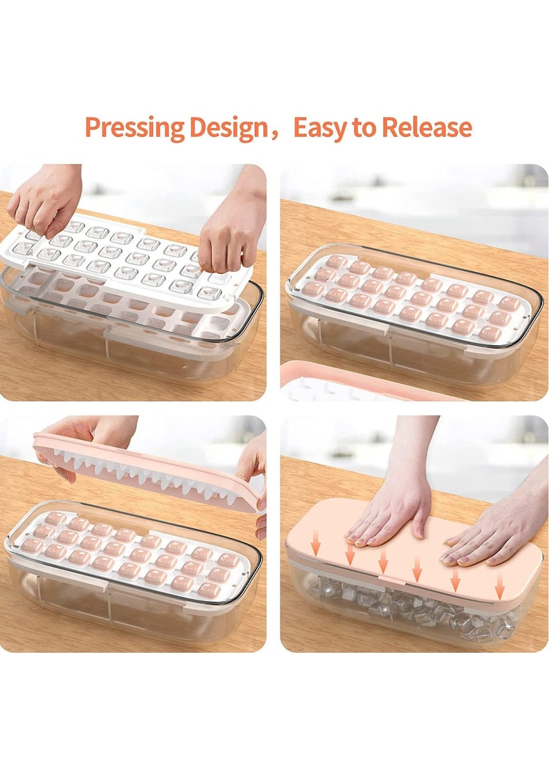 Ice Cube Tray with Ice Container Scoop and Cover for Freezer Ice Maker Mold with Container 2 Layer Trays 48 Ice Trays Easy-Release Ice for Drinks Freezer Stackable Ice Trays (Pink)