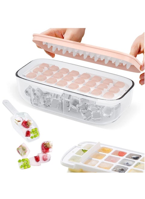 Ice Cube Tray with Ice Container Scoop and Cover for Freezer Ice Maker Mold with Container 2 Layer Trays 48 Ice Trays Easy-Release Ice for Drinks Freezer Stackable Ice Trays (Pink)