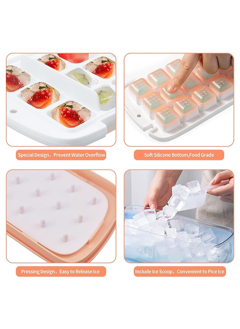 Ice Cube Tray with Ice Container Scoop and Cover for Freezer Ice Maker Mold with Container 2 Layer Trays 48 Ice Trays Easy-Release Ice for Drinks Freezer Stackable Ice Trays (Pink)