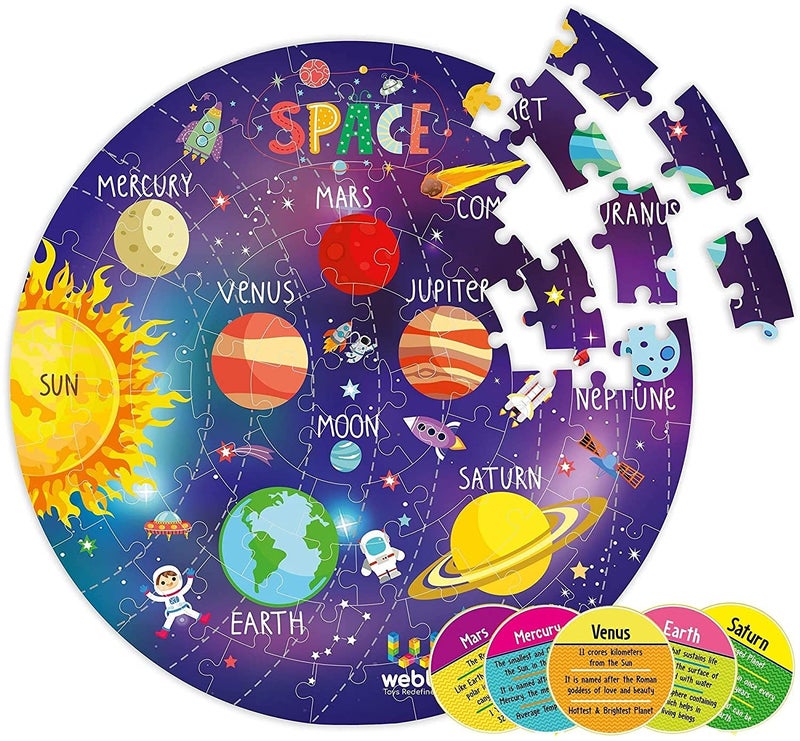 Webby Amazing Outer Space Solar System 60 Pieces Jigsaw Floor Puzzle with 4 Double Sided Flashcards (Multicolour) - Image 1