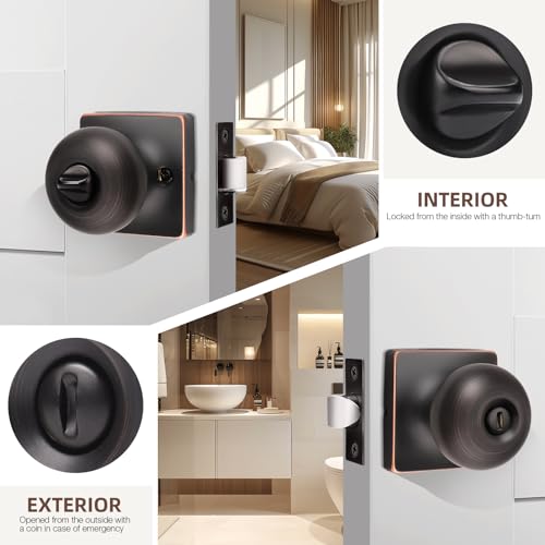 GOBEKOR 5 Pack Oil Rubbed Bronze Privacy Door Knobs Stainless Steel Keyless Interior Door Knob with Lock Bedroom Bathroom Round Door Knob - Image 4