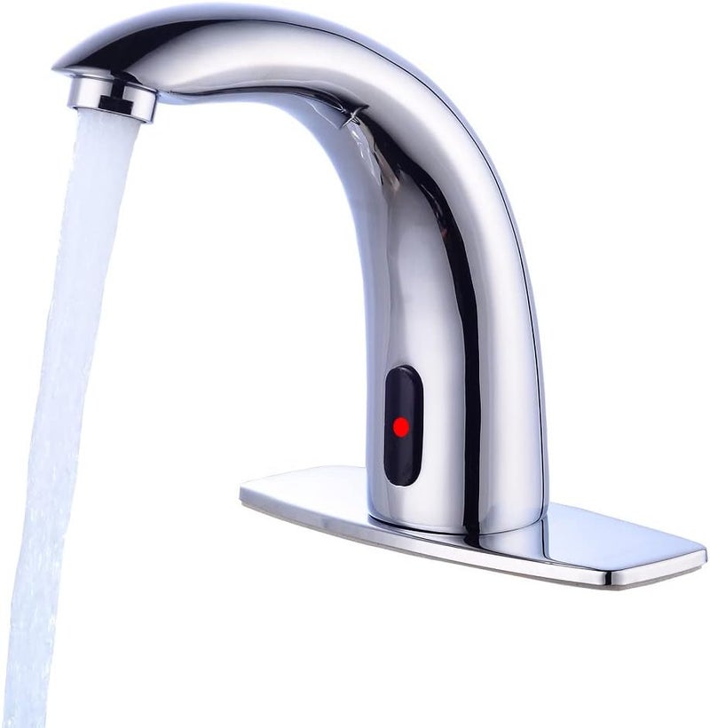 Fyeer Automatic Touchless Bathroom Sink Faucet Motion Activated Sensor Faucets Hands Free Commercial Tap with Hole Cover Deck Plate Battery Operated Control Box Adjustable Temperature Mixer（Chrome） - Image 1