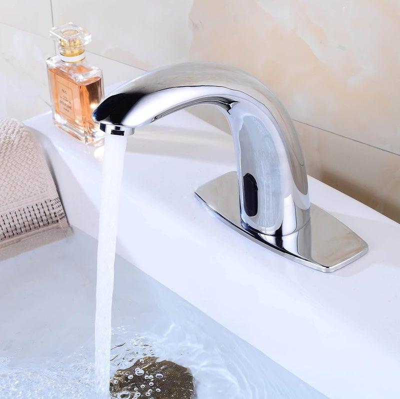 Fyeer Automatic Touchless Bathroom Sink Faucet Motion Activated Sensor Faucets Hands Free Commercial Tap with Hole Cover Deck Plate Battery Operated Control Box Adjustable Temperature Mixer（Chrome） - Image 3