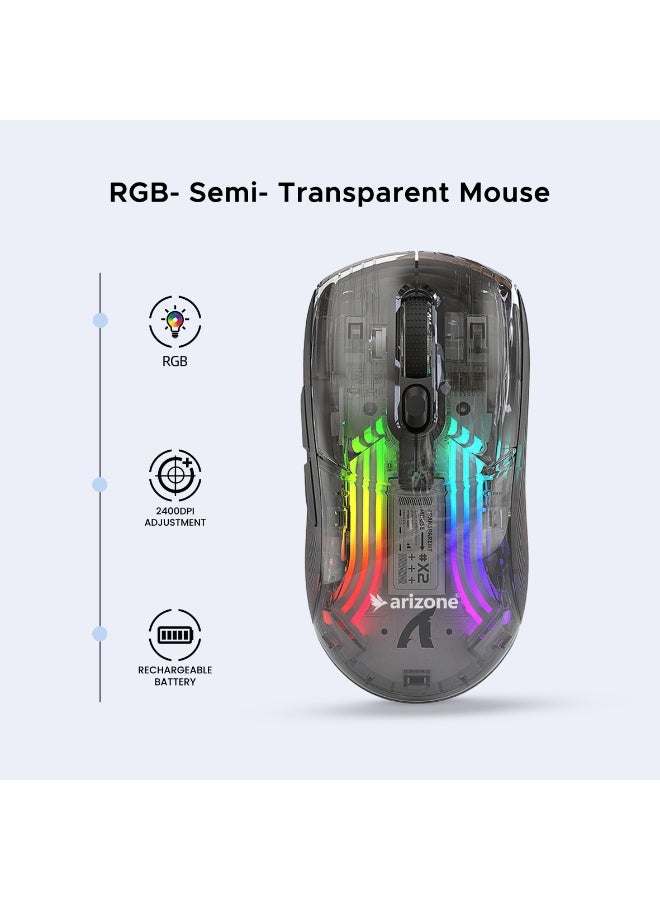 Arizone AM-09 Dual Mode Transparent Vertical Wireless Mouse - Ergonomic RGB Rechargeable Gaming & Office Mouse Multi Color - Image 3