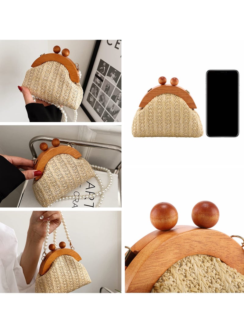 Zikra Straw Crossbody Handbag for Women, Mini Purse Rattan Wallet Bag Summer Beach Woven Pearl Straw Shoulder Bag Clutch - Image 4