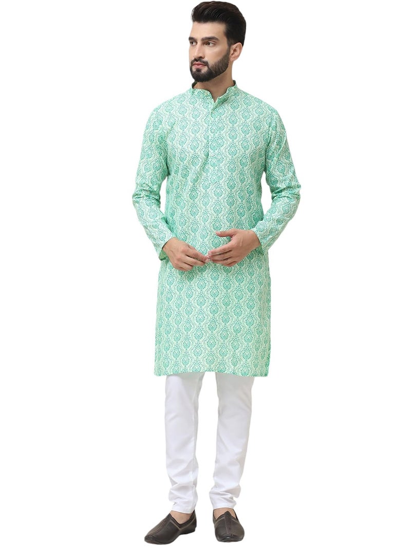 SOJANYA (Since 1958 Men's Silk Blend Pista Green Self design Kurta and White Churidar Pyjama Set - Image 1