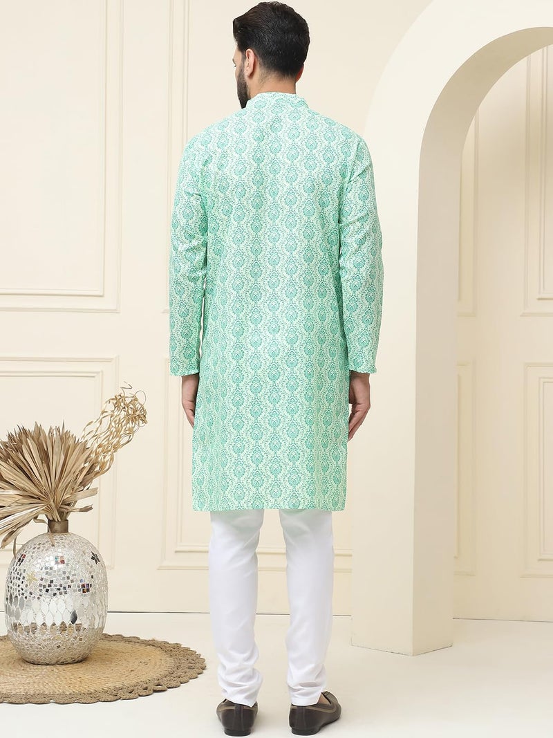 SOJANYA (Since 1958 Men's Silk Blend Pista Green Self design Kurta and White Churidar Pyjama Set - Image 4