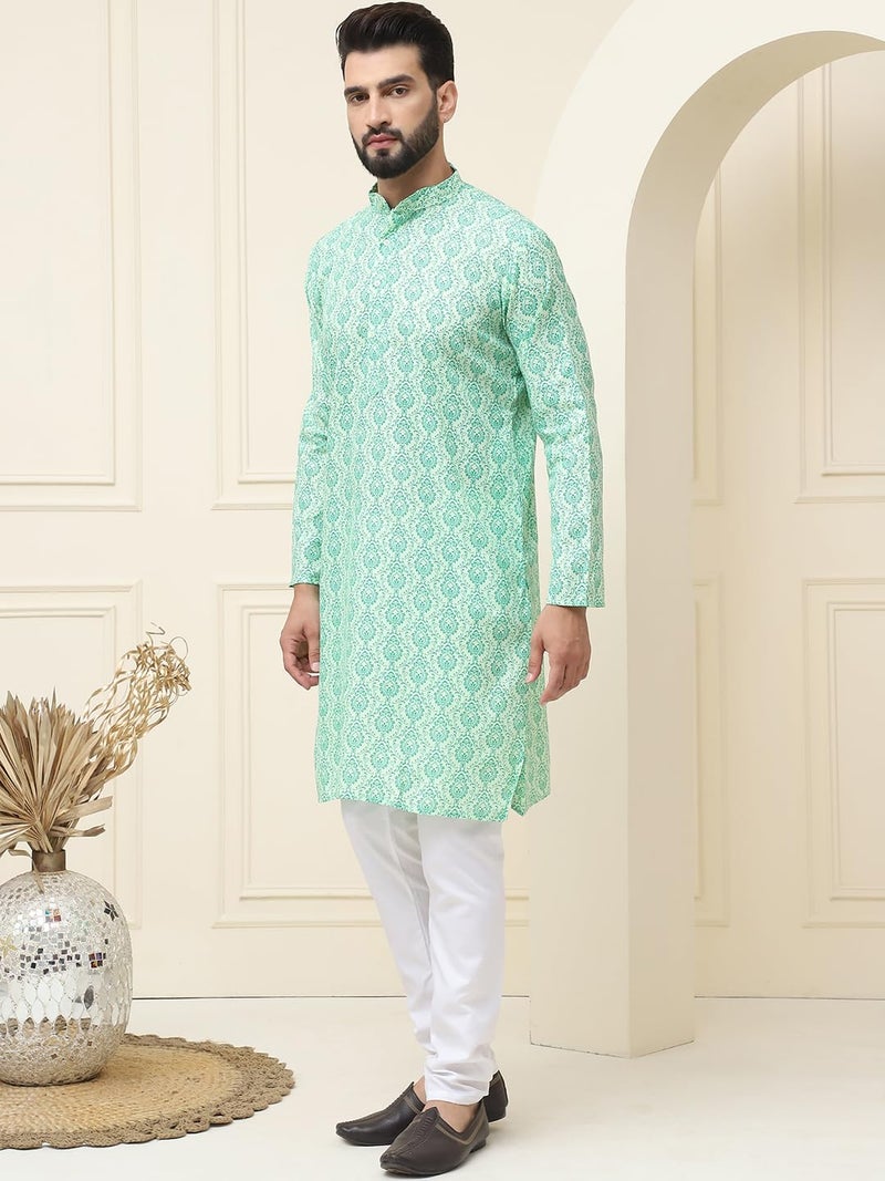 SOJANYA (Since 1958 Men's Silk Blend Pista Green Self design Kurta and White Churidar Pyjama Set - Image 3